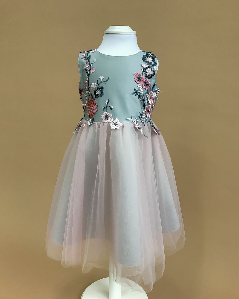 Detské ružovo sivé šaty s kvetovanou krajkou